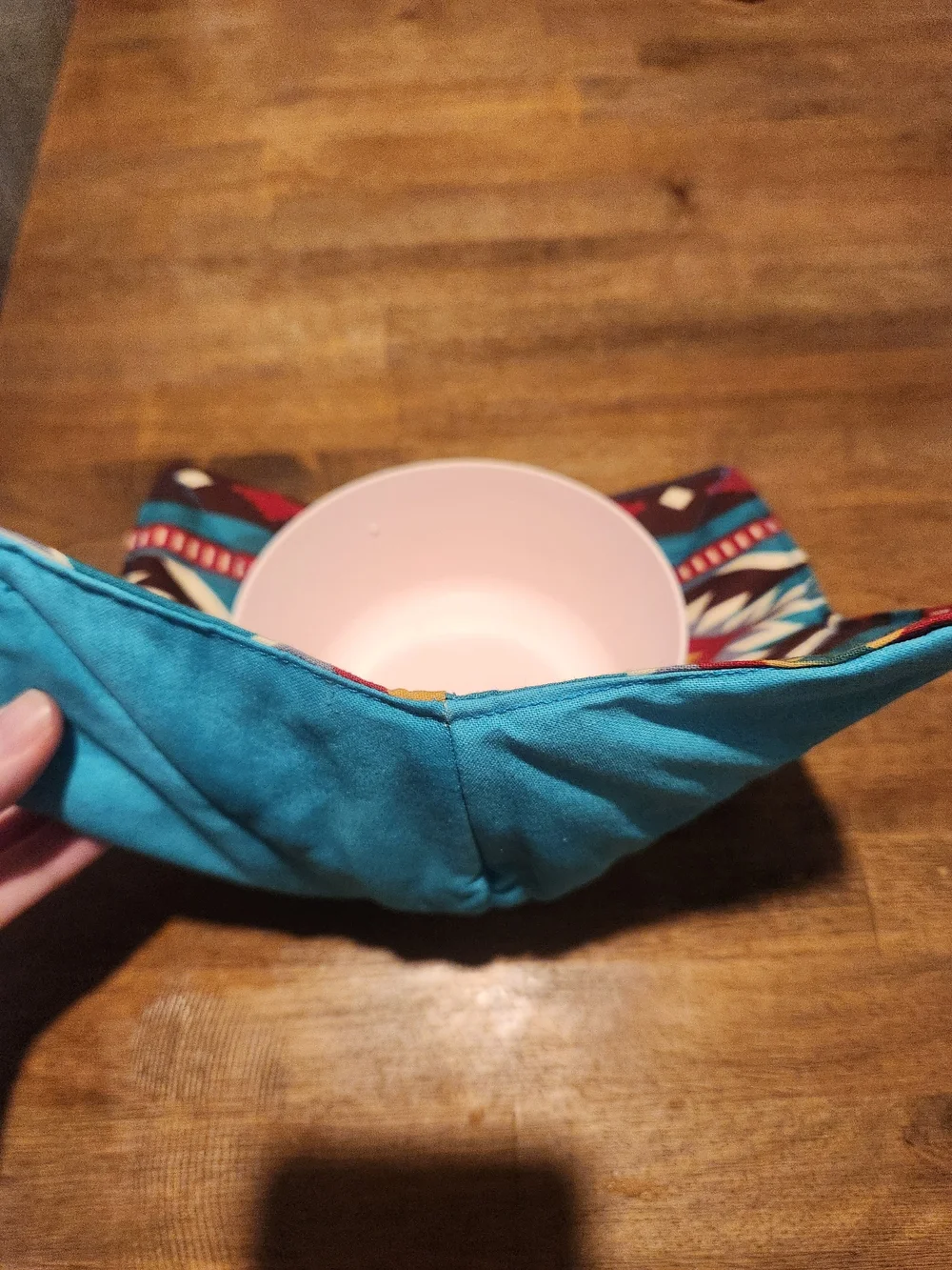 Southwestern Pattern Fabric Bowl Cozy - Teal, Red, Yellow